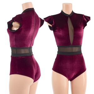 Burgundy velvet siren romper with Inset keyhole neckline and mesh waist panel/ Flip sleeves and back zipper// All trim in black mesh 1580950