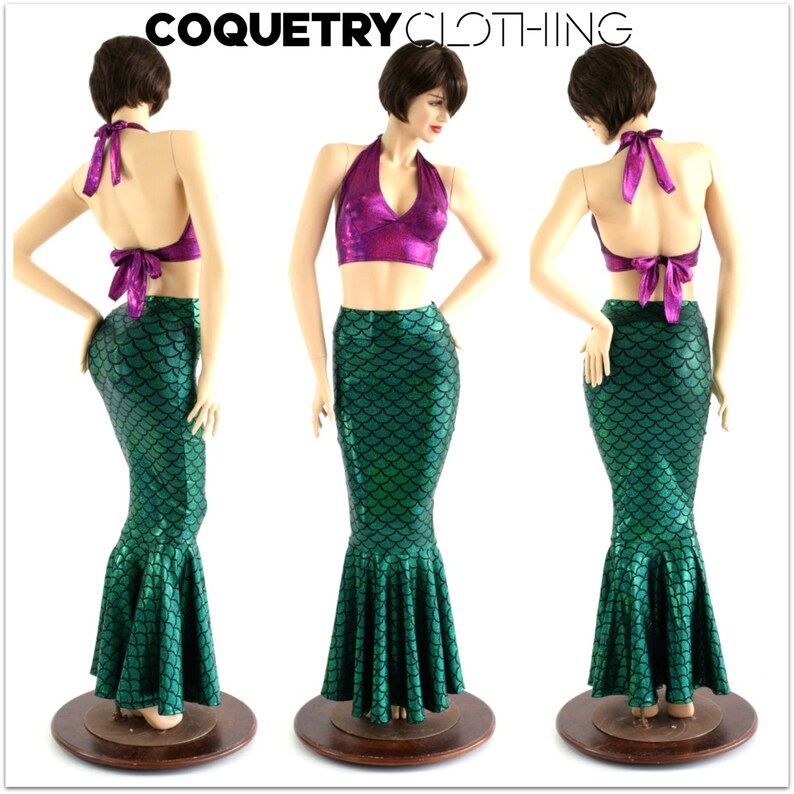 2PC Mermaid Skirt & Tie Back Halter Set in Emerald Green and Fuchsia Sparkly Jewel Ariel Little Mermaid Costume 152881 image 1