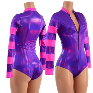 Cheshire Cat Stella Romper in Grape Holographic.  Pink Sparkly Collar, Color Blocked Sleeves, Siren Cut Leg - 15810063