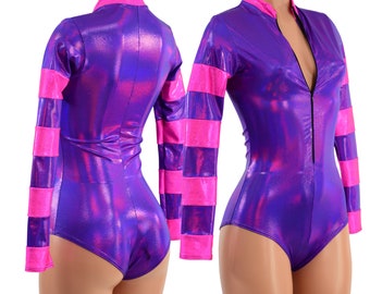 Cheshire Cat Stella Romper in Grape Holographic.  Pink Sparkly Collar, Color Blocked Sleeves, Siren Cut Leg - 15810063