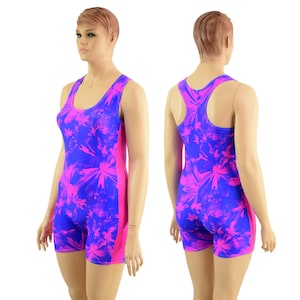 Womens Racerback Singlet in Radiant Rainforest with 4&quot; inseam and Neon Pink Sparkly Jewel Side Panels 15810561