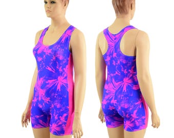 Womens Racerback Singlet in Radiant Rainforest with 4" inseam and Neon Pink Sparkly Jewel Side Panels