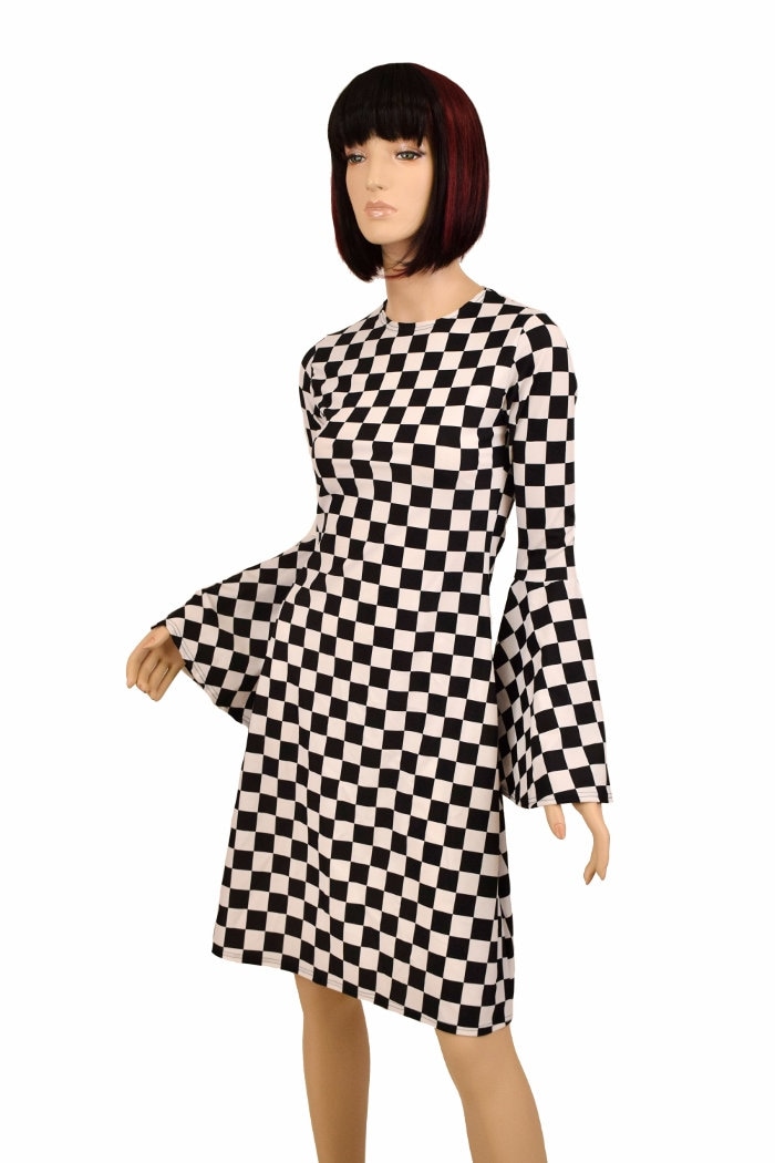 60's black and white checkered dress & Print Crew Neck Trumpet Sleeve A-line Cute Black Off-Shoulder Layered transitional fashion Color:Ivory As Picture Do not bleach 3