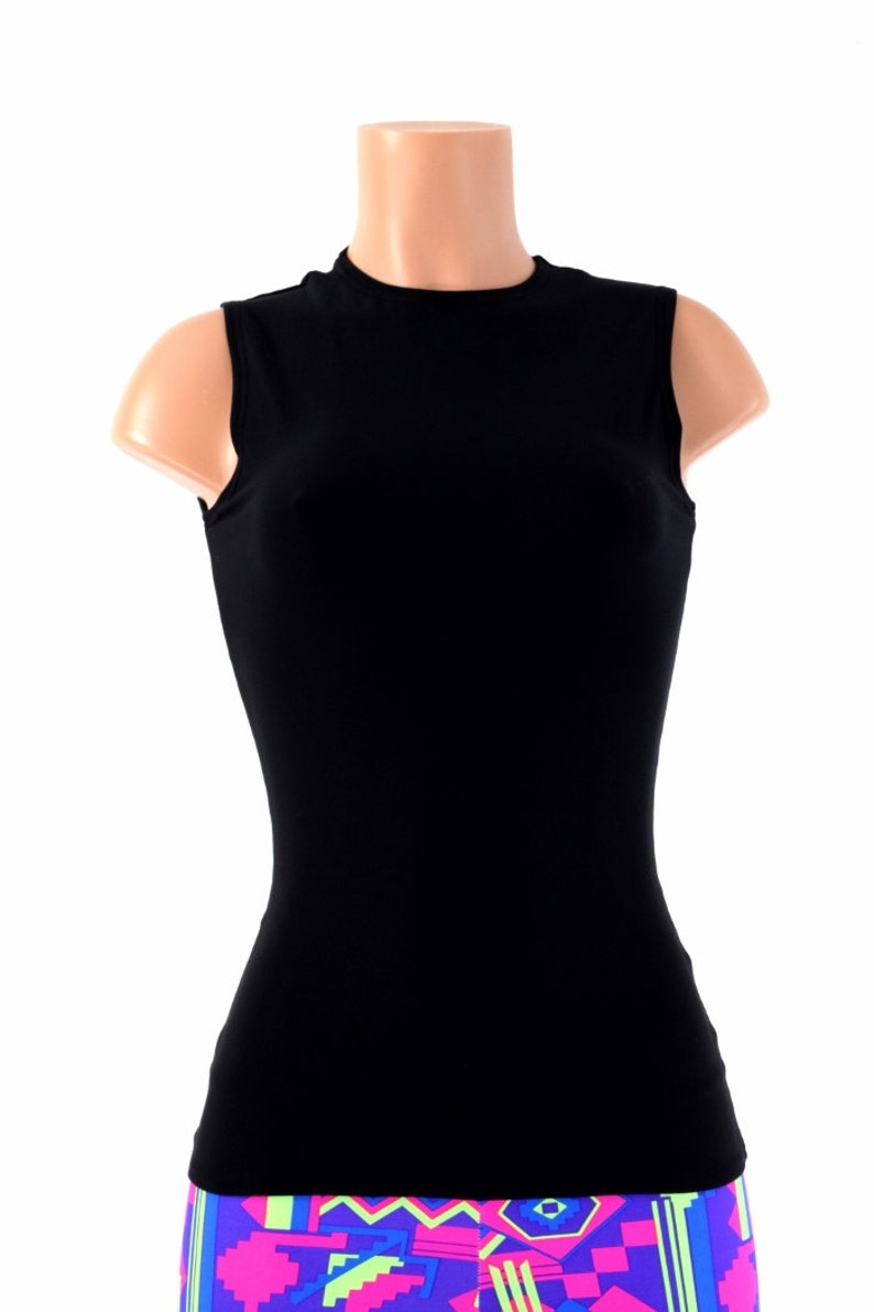 May include: A black sleeveless mock neck shirt on a mannequin. The shirt is fitted and has a smooth texture.