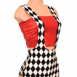 Black & White Diamond Print UV GLOW Suspender Siren Cut Romper  - 155622