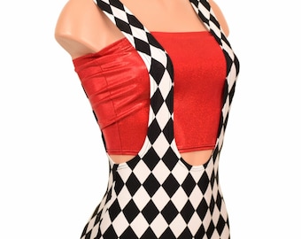 Black & White Diamond Print UV GLOW Suspender Siren Cut Romper  -