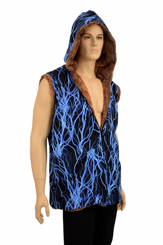 Mens Zipper Front Hooded Reversible Vest in Red Fox Minky