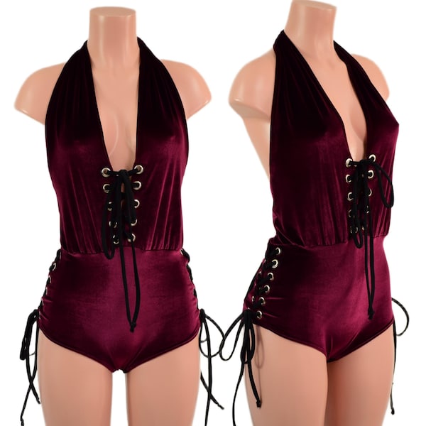 Josie romper with lace up hips and bodice.  Created in Burgundy Velvet with smooth black spandex ties