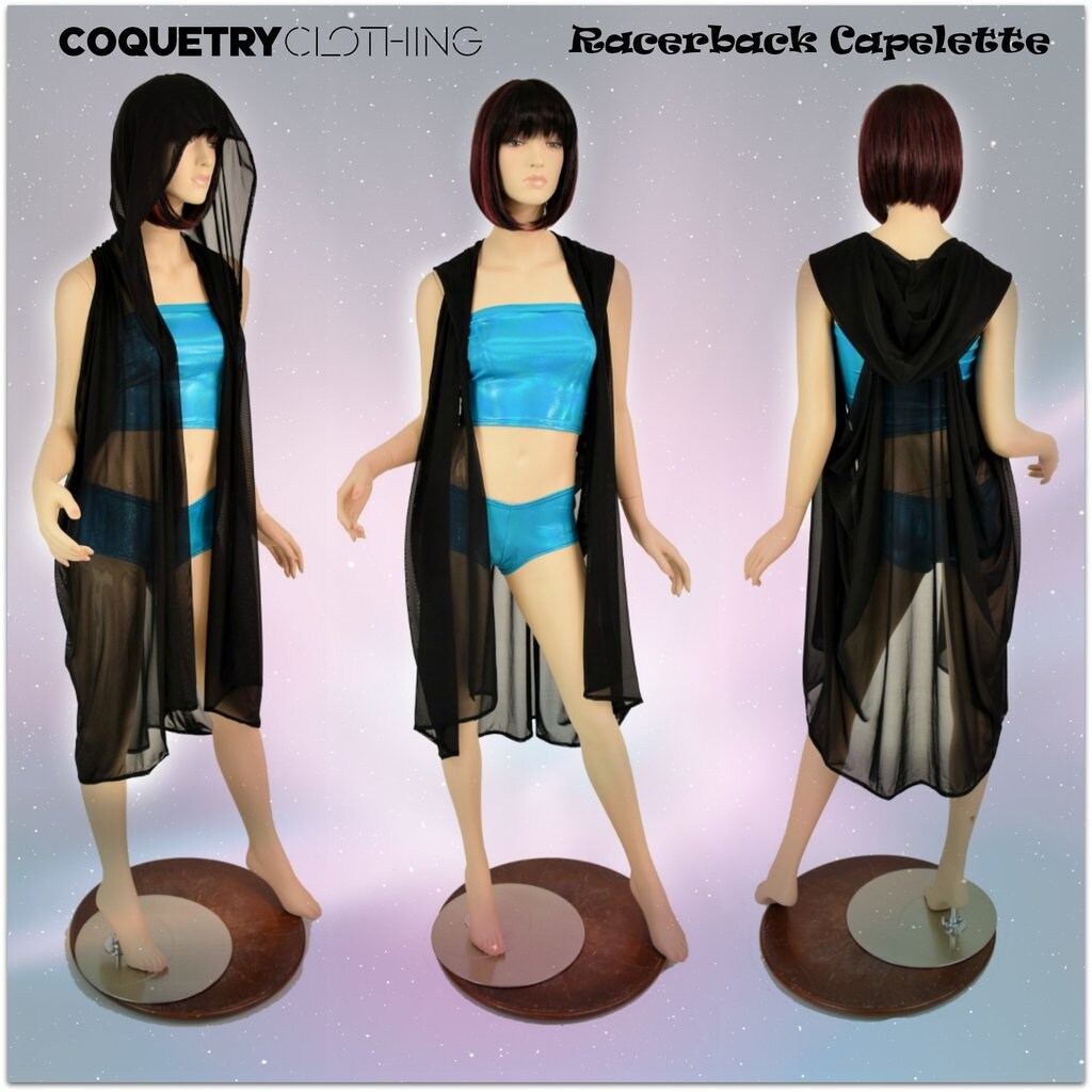 Black Mesh Hooded Racerback Capelette Festival Burning Man Coverup