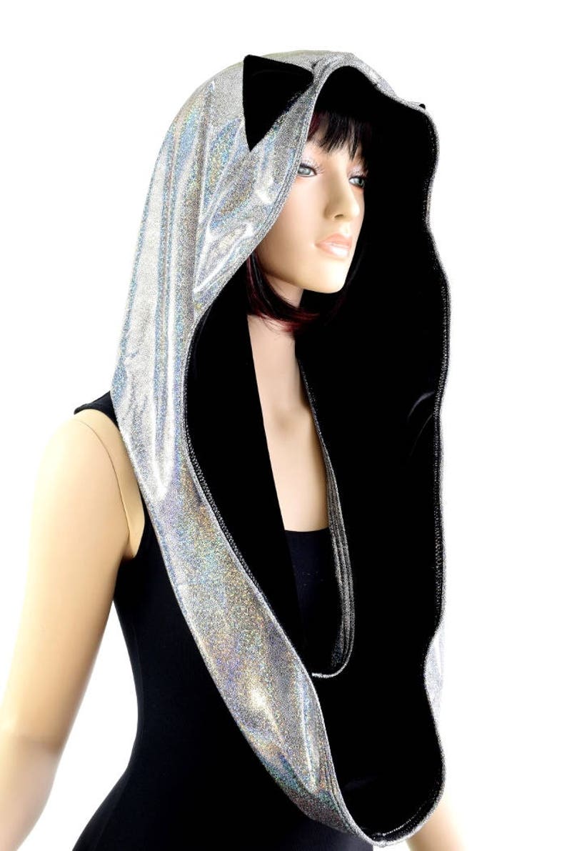 Reversible Silver Holographic Festival Hood with Black Velvet Hood Lining and Cat Ears Infinity Rave Hood 154418 image 3