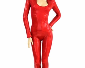 Red Sparkly Jewel Long Sleeve Spandex Catsuit with Scoop Neckline- 151536