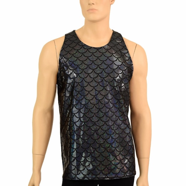 Mens Black Dragon Scale Muscle Shirt Mens Rave or Festival Shirt Triton Mermaid Merman -