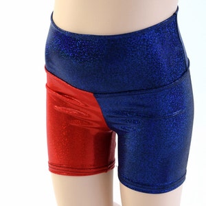 Kids Harlequin High Waist Shorts with 2.5" inseam in Red Sparkly Jewel and Blue Sparkly Jewel (Red on RIGHT hip) 153918