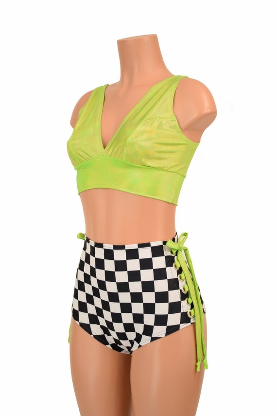 2PC Lime Green Holographic Starlette Bralette and & Black and White  Checkered Print Siren Shorts With Lime Holo Ties 156102 