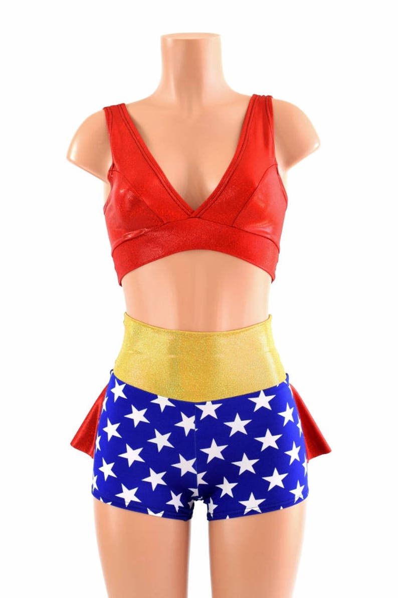 Red Sparkly Jewel Starlette Bralette & Blue/White Star High Waist Ruffle Rump Shorts w/Gold SJ Waistband and Red SJ Ruffle 2PC Set 154542 image 5