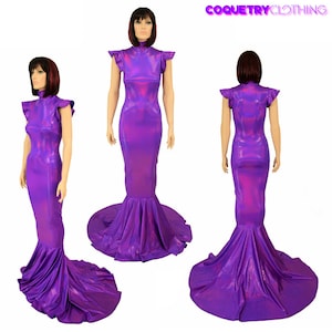 Grape Purple Holographic Flip Sleeve Gown with Turtle Neck and Puddle Train - 155715