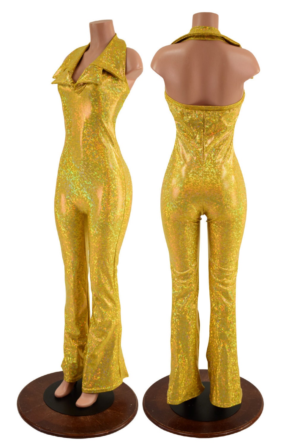 Backless Bootcut Catsuit with Showtime Collar in Gold Kaleidoscope -