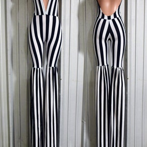 Black and White Vertical Stripe Stilt Walking Costume with Josie Style top, leggings fit through thigh, and full cut legs 156903