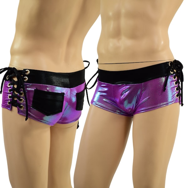 Extra Cheeky Plumeria Lowrise Aruba Shorts with Black Mystique Waistband, Mini Pockets, and laceup ties on the sides  15810228