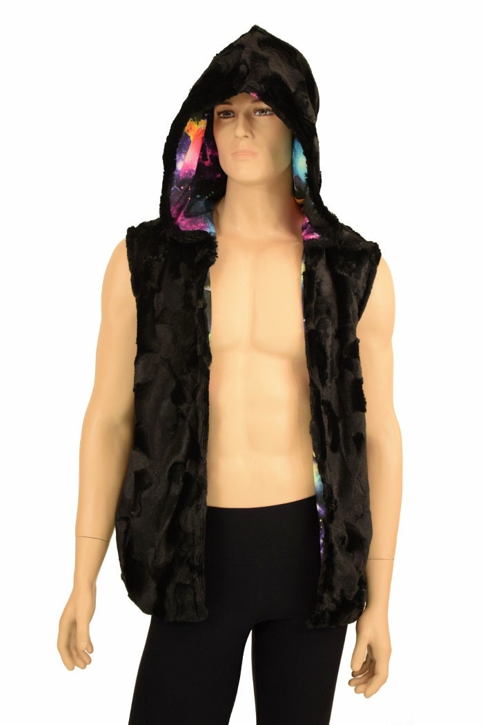 Mens Open Front Hooded Reversible Vest in Minky Black Faux