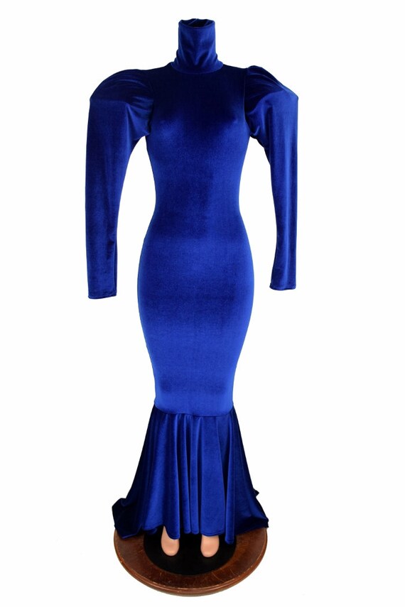 Sapphire Velvet Turtle Neck Puddle Train Gown With Puffed 