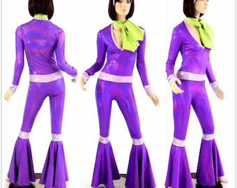 70's Super Sleuth Bell Bottom Flare Purple Catsuit with Lime Ascot and Lilac Trimming Mystery Gang