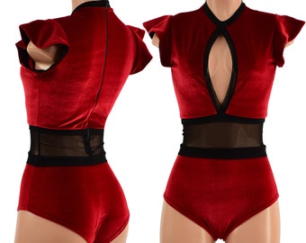 Red velvet siren romper with keyhole neckline and mesh waist panel // Flip sleeves and back zipper// All trim in black mesh - 1579117