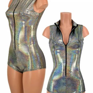 Silver Holographic Zippered Sleeveless &quot;Stella&quot; Romper with Short Collar and boy cut leg- 155119