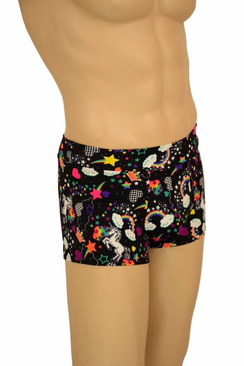 Men/'s Mid Rise Aruba Shorts in UV Glow Unicorns and Rainbows Black Light Reactive Magical 90/'s 156336