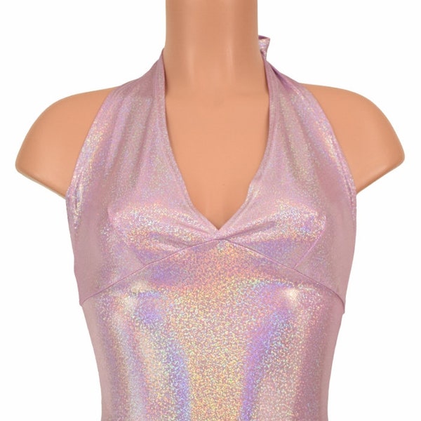 Lilac Holographic Spandex Tie Back "Midi" Halter Top - 154199