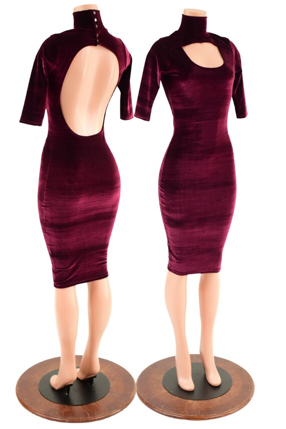 Burgundy Velvet Wiggle Dress With Half Sleeves Window Neckline