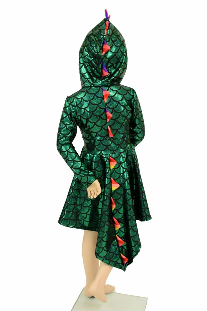Girls Long Sleeve Dragon Hooded Skater Dress w/Dragon Tail Hemline in Green Dragon Scale w Rainbow Spikes & Hood liner