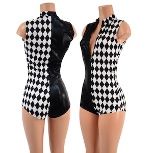 Sleeveless Zipper Front Stella romper w/ boy cut leg, Left side in black and white diamond, right side Black Mystique BLACK zipper 158012
