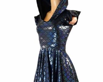 Black Spiked Dragon Scale Hoodie DRESS With Self Lined Flip