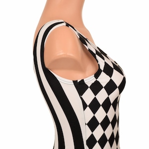 Two Tone Tank Style Crop Top Front to Back Reversible in Black and White Stripe & Black and White Diamond Print - 155540