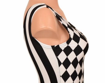 Two Tone Tank Style Crop Top Front to Back Reversible in Black and White Stripe & Black and White Diamond Print - 155540