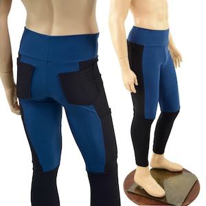 Mens Luchador Color Blocked Leggings in Black Zen and Poseidon Zen with Back Pockets 15810190