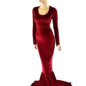 Red Velvet Gown With Scoop Neckline, Long Sleeves and Puddle Train ...