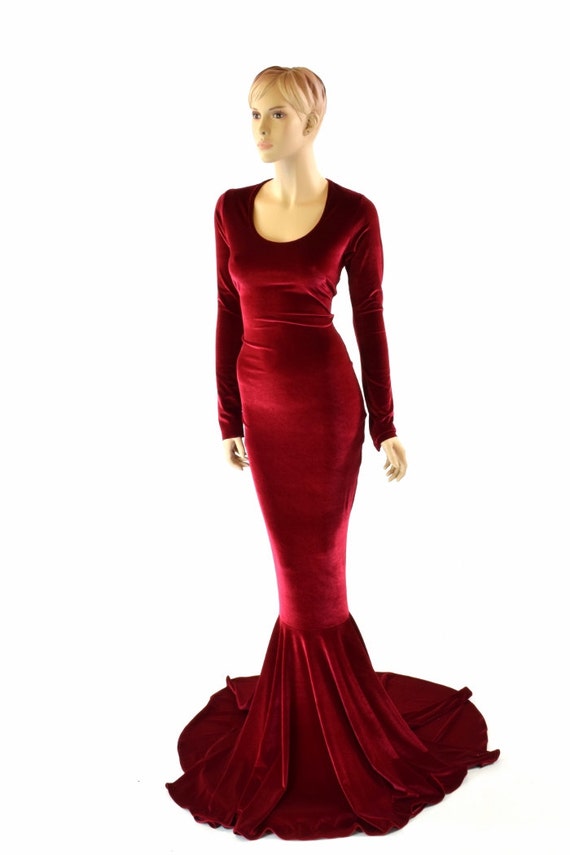 Red Velvet Gown With Scoop Neckline, Long Sleeves and Puddle Train 151547 