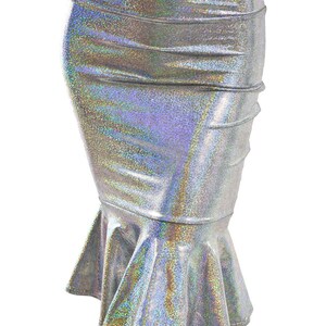 May include: A silver iridescent mermaid skirt with a fitted bodice and a flared, ruffled hem.