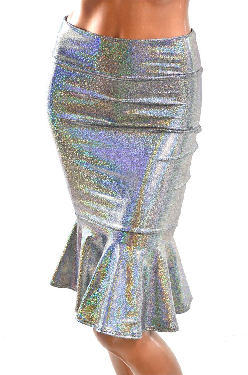 May include: A silver iridescent mermaid skirt with a fitted bodice and a flared, ruffled hem.