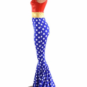 Sleeveless Super Hero Puddle Train Gown with V Neckline Red, Gold Blue & White Stars 152858 image 3