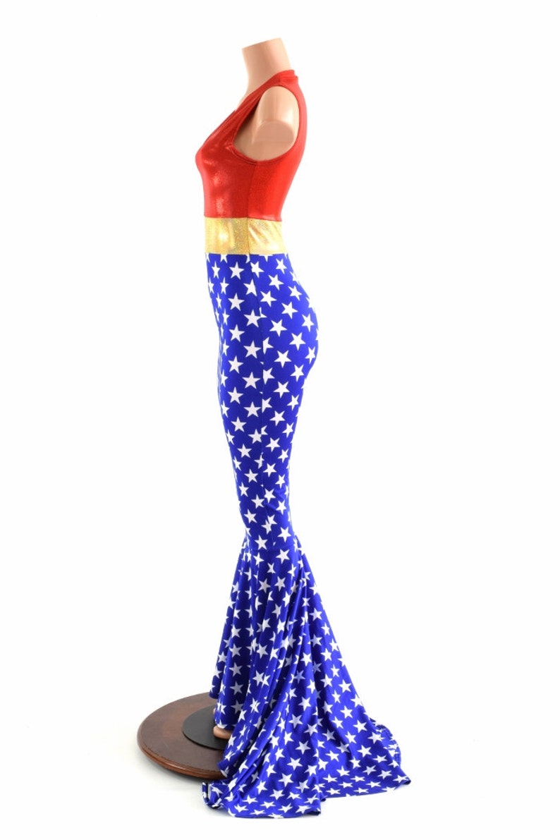 Sleeveless Super Hero Puddle Train Gown with V Neckline Red, Gold Blue & White Stars 152858 image 3