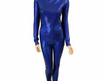 Blue Sparkly Jewel Holographic Turtle Neck Long Sleeve Back Zipper Catsuit - 155422