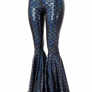 Black Dragon Holographic Mermaid Scale High Waist Bell Bottom Flares