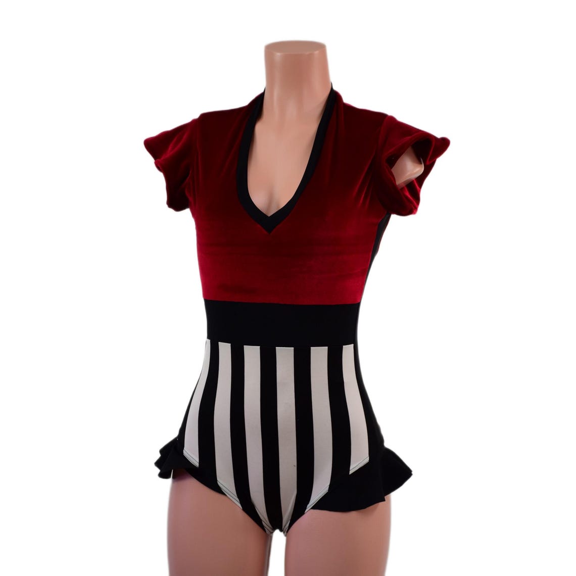 Circus Stripes and Red Velvet Romper With Side Panels, Waistband, and ...