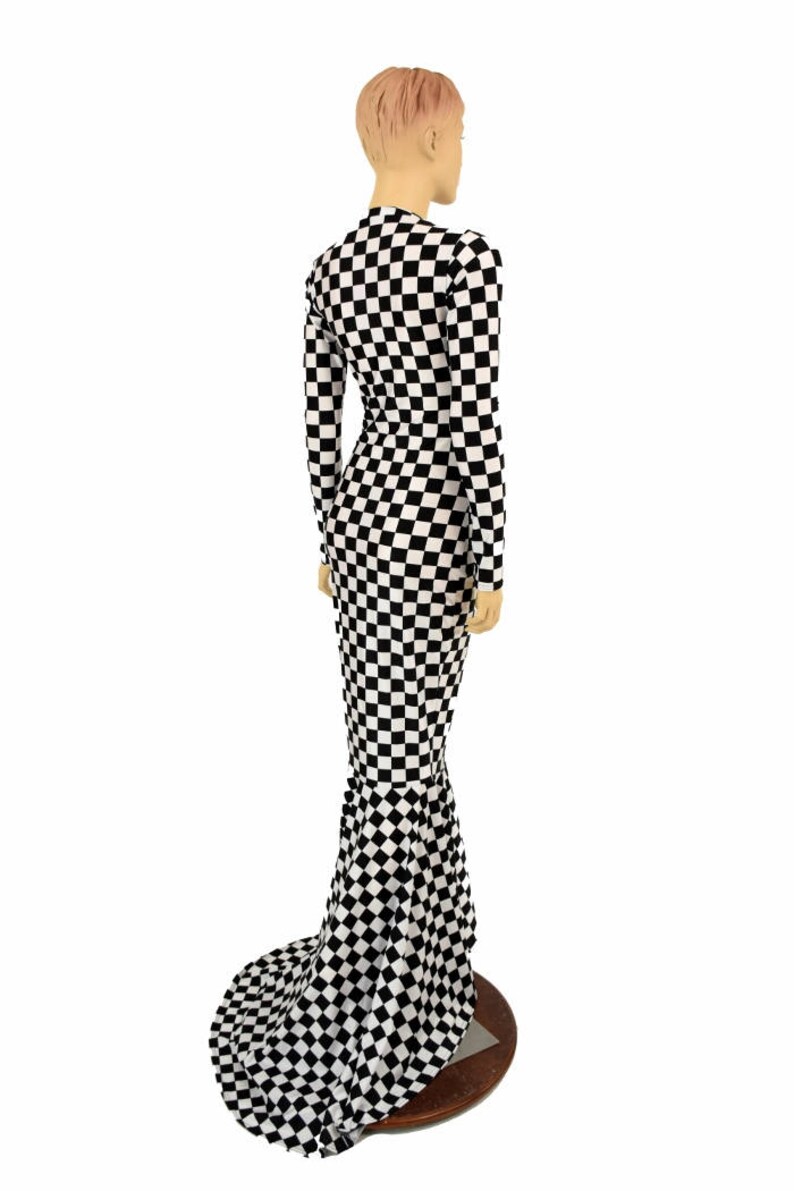 Black & White Checkered Print VNeck Gown with Long Sleeves Etsy
