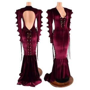 Burgundy Velvet Laceup gown with sharp shoulder spiked sleeves, back cutout, hip laceups, and puddle train EMK1579264