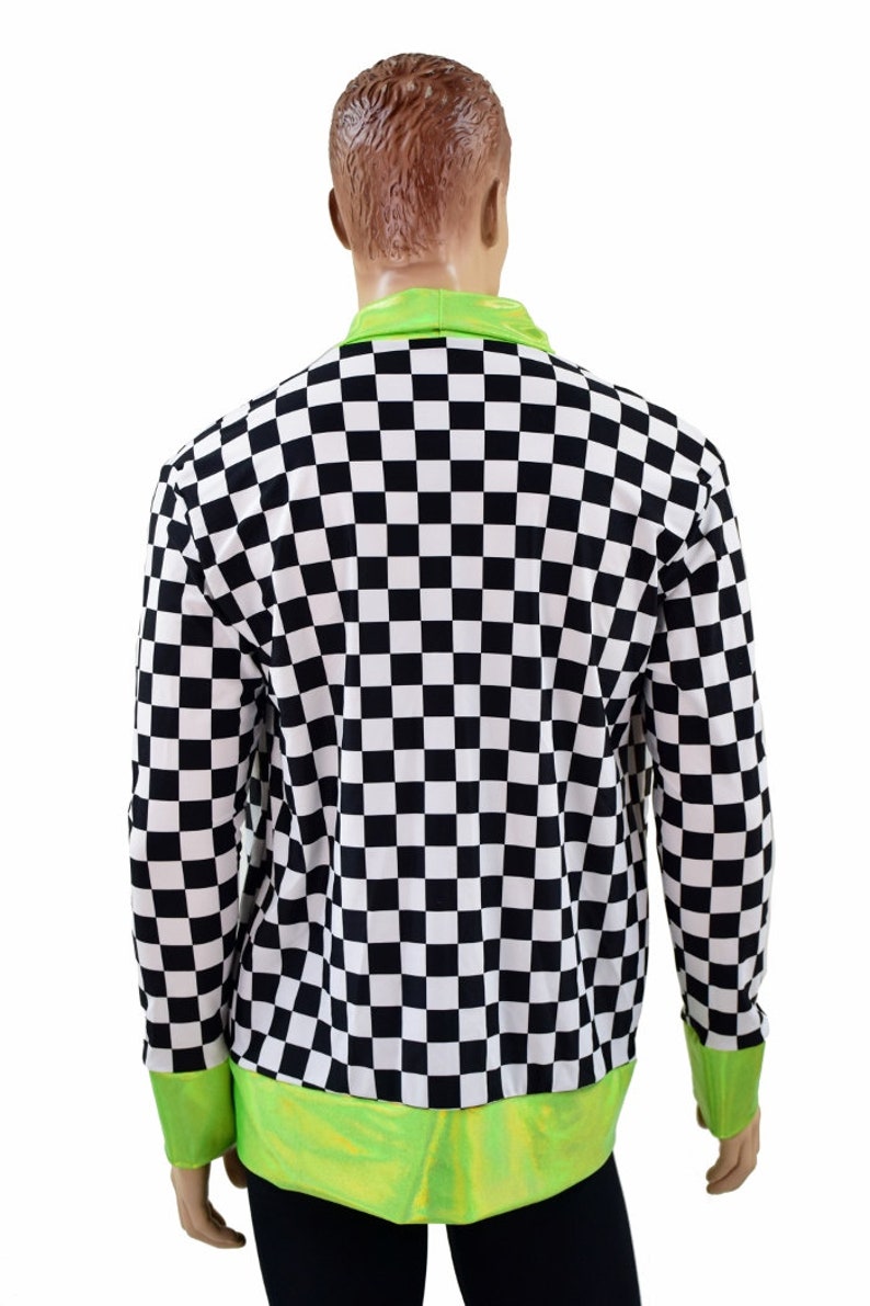 Men's Black & White Checkered Not a Cardigan with Pockets and Lime Holographic Trim and Cuffs 156885 image 4