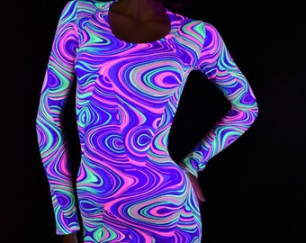 NEON UV Glow Worm Print Long Sleeve Bodycon Dress   -E8041